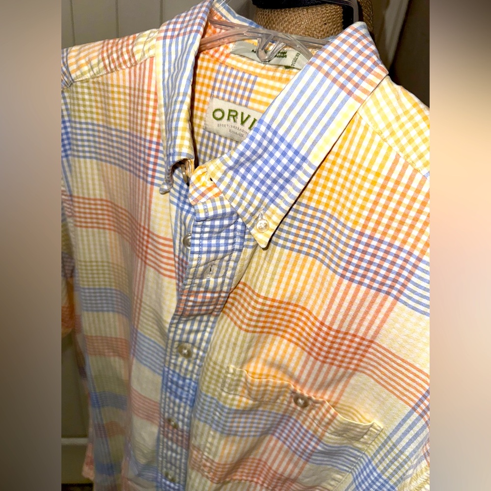 Orvis Men's M Primary Color Plaid Short Sleeve Shirt Cotton Button Up Down B